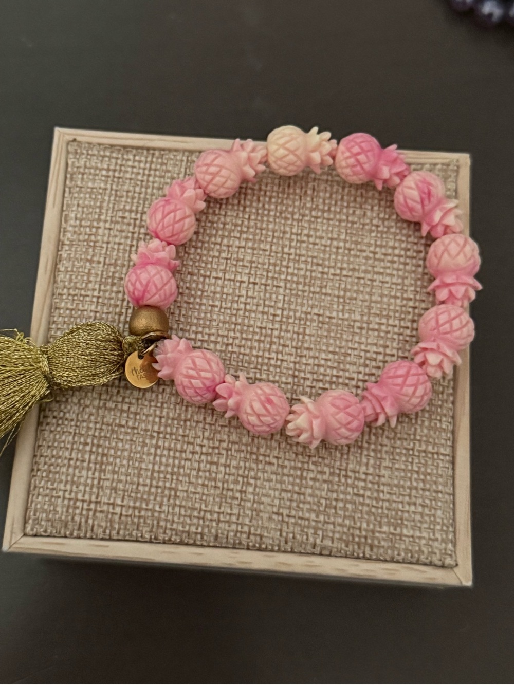 TheTinyTassel Pink Pineapple Bead Stretch Bracelet with Gold Tassel